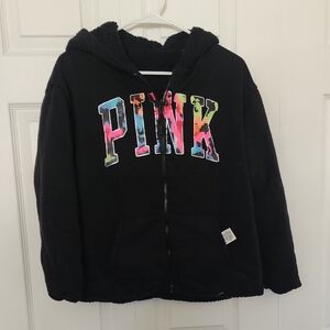 PINK Victoria's Secret Black Sherpa Hoodie with Multicolor Tie-Dye Logo